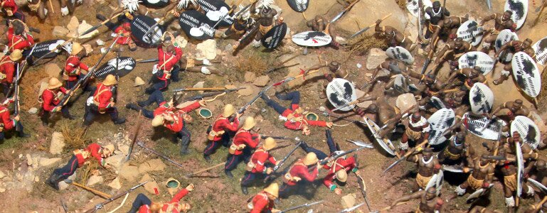 A desperate fight between soldiers of the 24th Regiment and warriors of Zulu King Cetchwayo